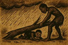 He finds the boy and lifts the tree; the boy is freed
